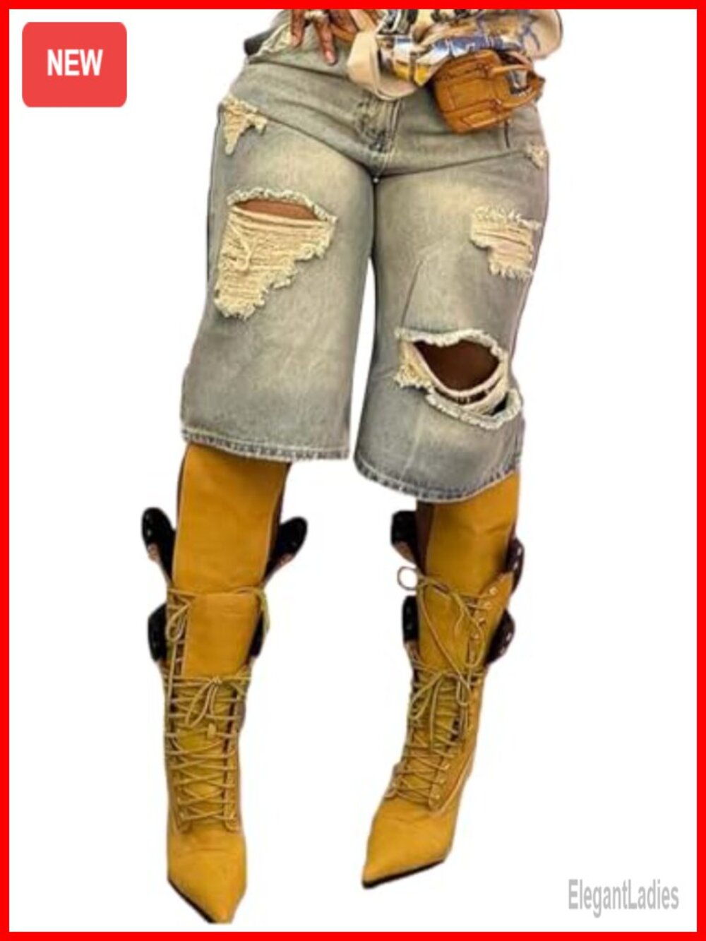 Baggy Wide Leg Ripped Cargo Denim Shorts for Women